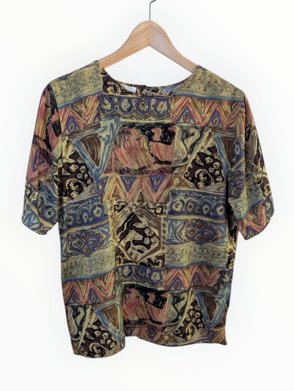 Vintage Tess Abstract Pattern Multicolor Short Sleeve Blouse Medium